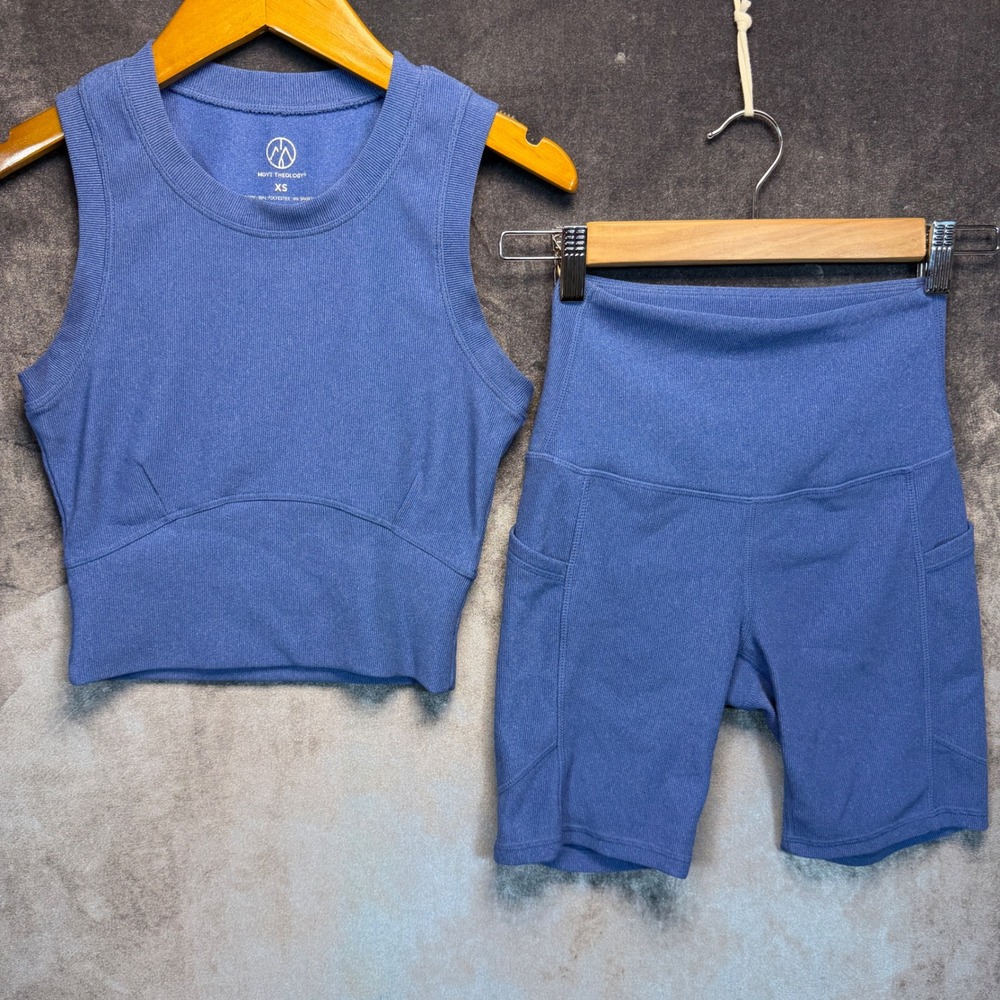 Move Theology Activewear Set Womens Blue Slim XS Ribbed Crop Top Biker Shorts
